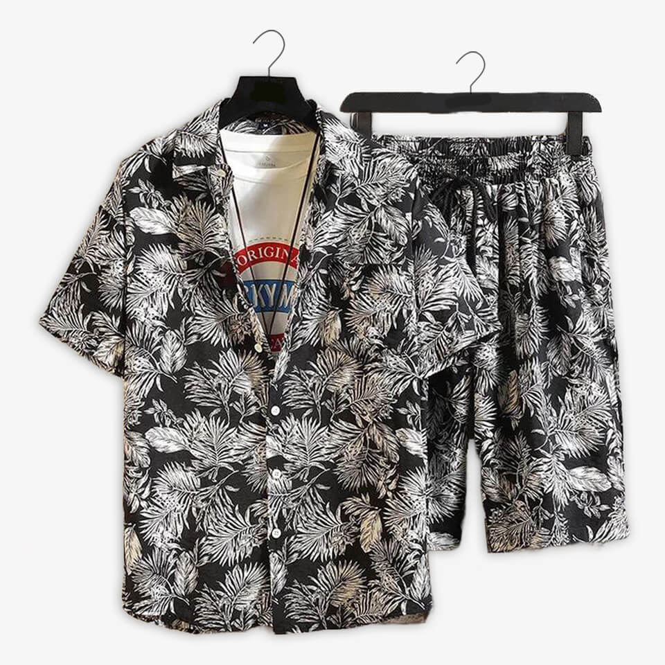 Men White Leaf Printed Black Summer Short Suit