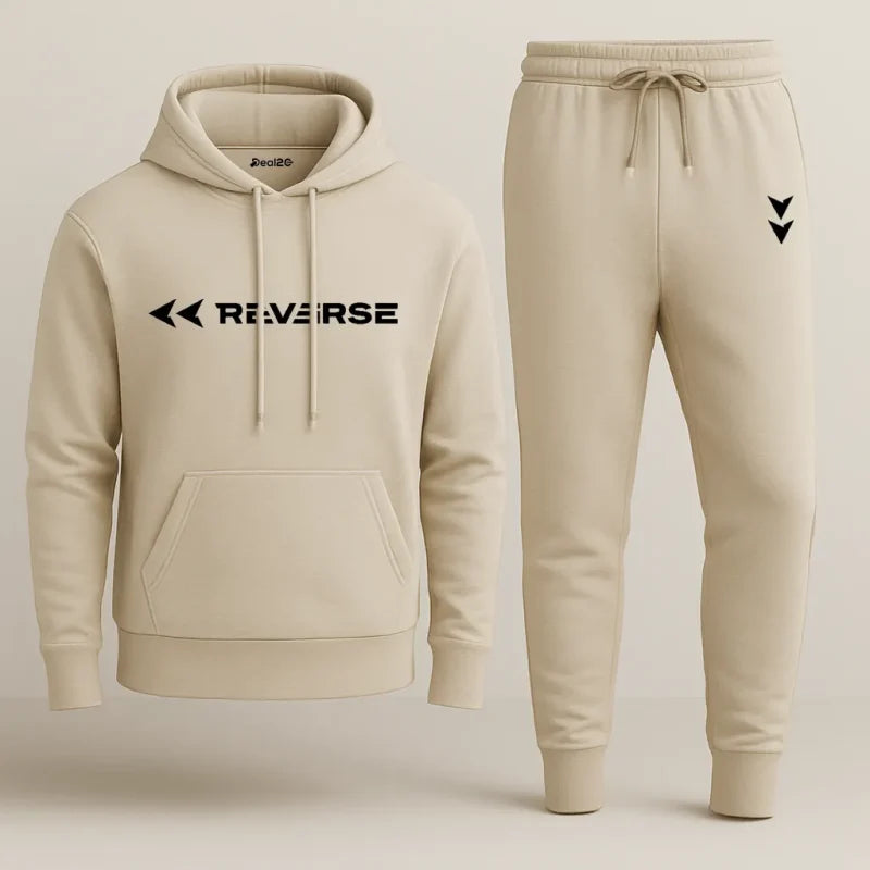 Reverse Printed Beige Hooded Tracksuit – Unisex