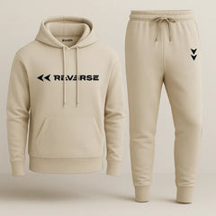 Reverse Printed Beige Hooded Tracksuit – Unisex