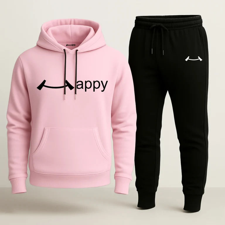 Contrast Black & Pink Happy Printed Hooded Tracksuit for Women