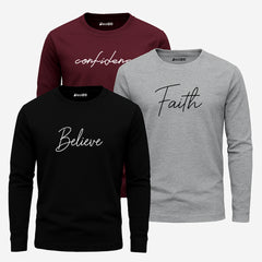 Pack of 3 Believe Faith Confidence Printed Long Sleeve T-shirts for Men
