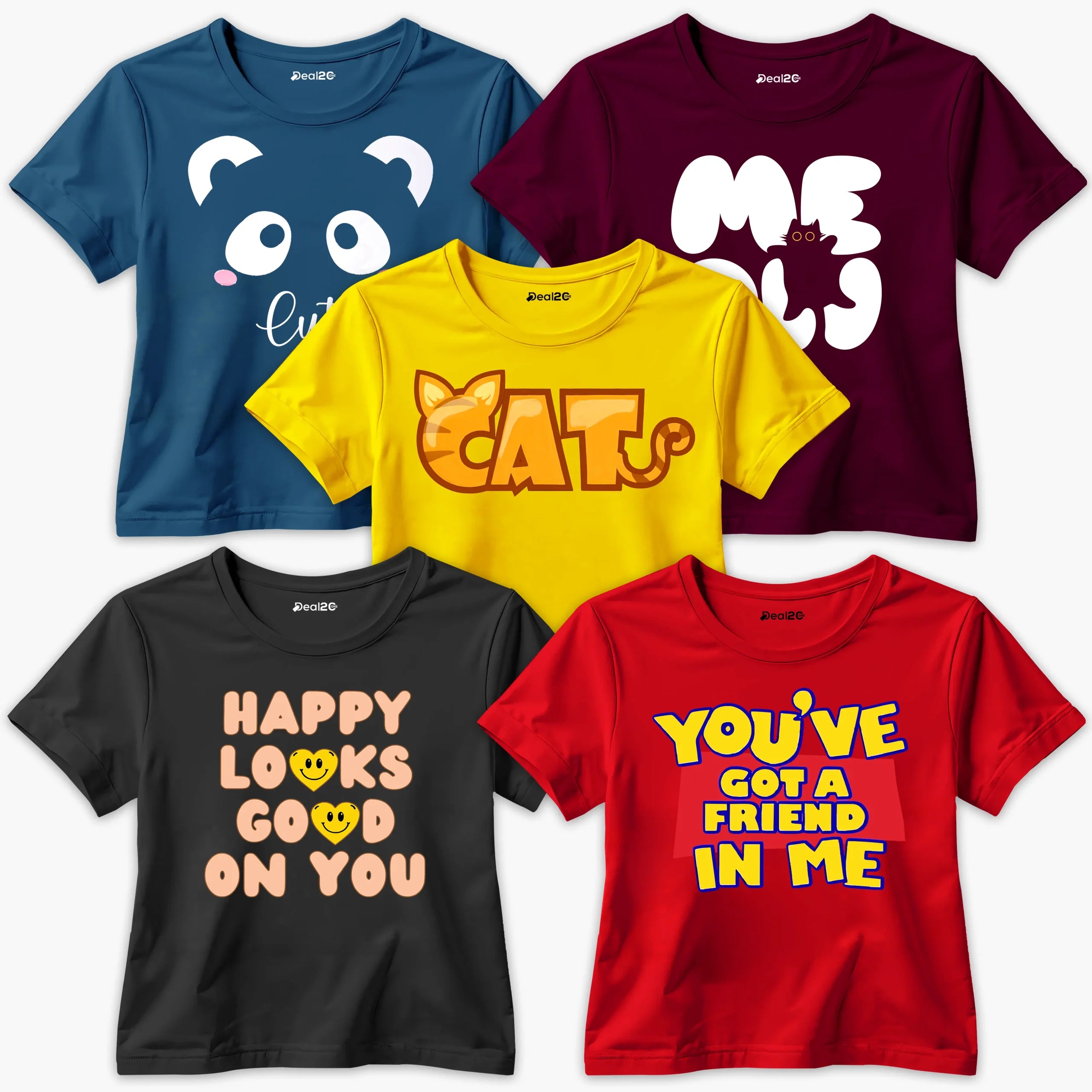 Pack of 5 Happy Cute Cat Printed Summer T-Shirts For Girls