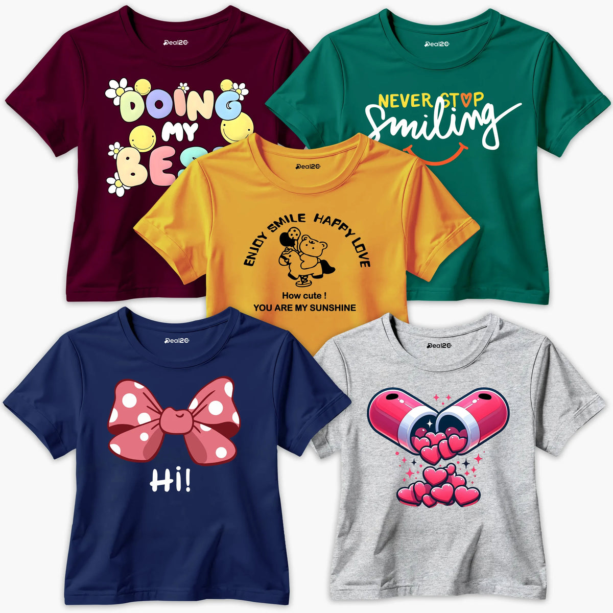 Pack of 5 Best Smiling Sunshine Printed Summer T-Shirts For Girls