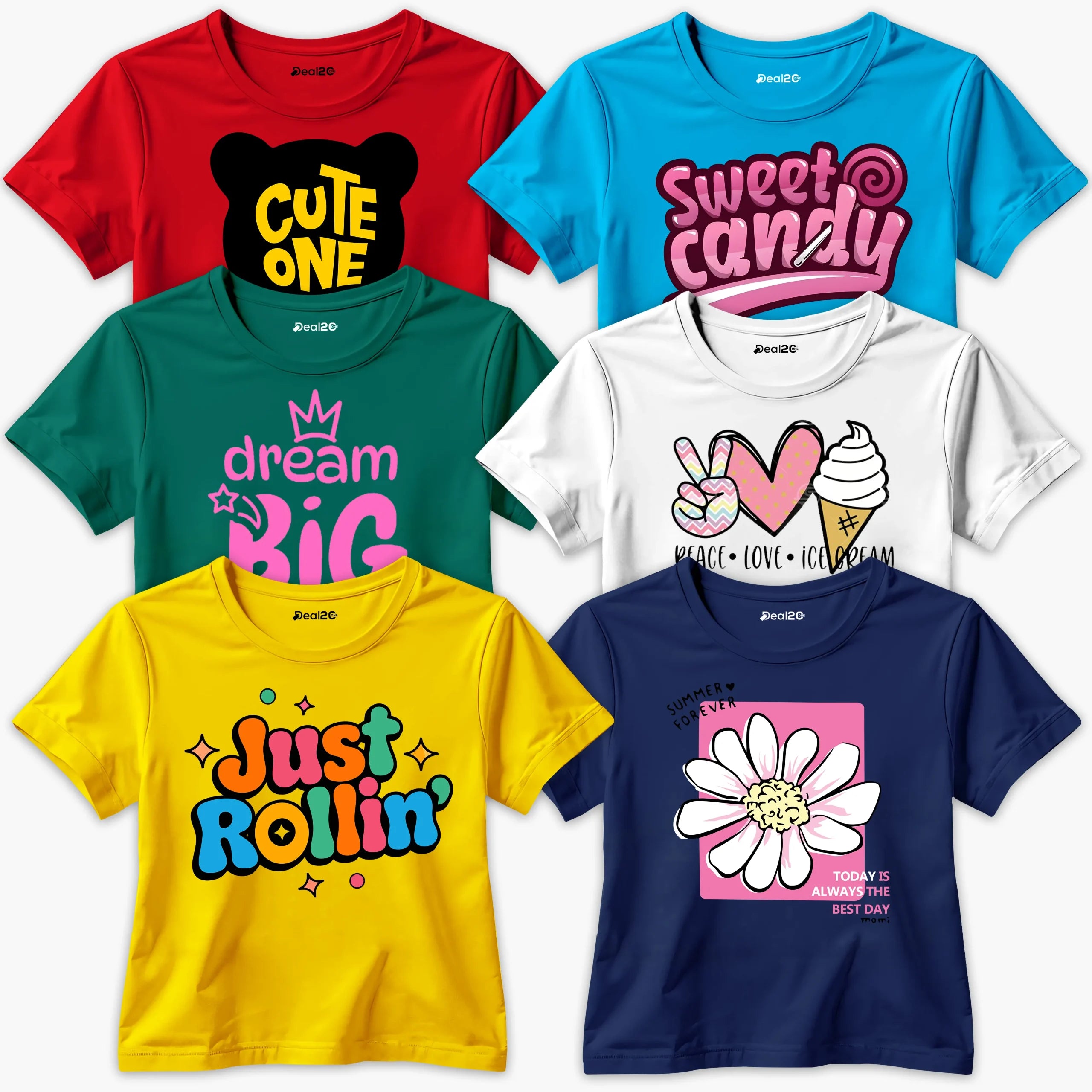 Pack of 6 Just Sweet Dream Forever Printed Summer T-Shirts For Girls