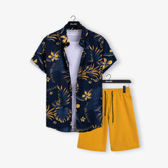 Men Trending Orange and Purple Leaf Printed Shorts Set For Summer Holiday