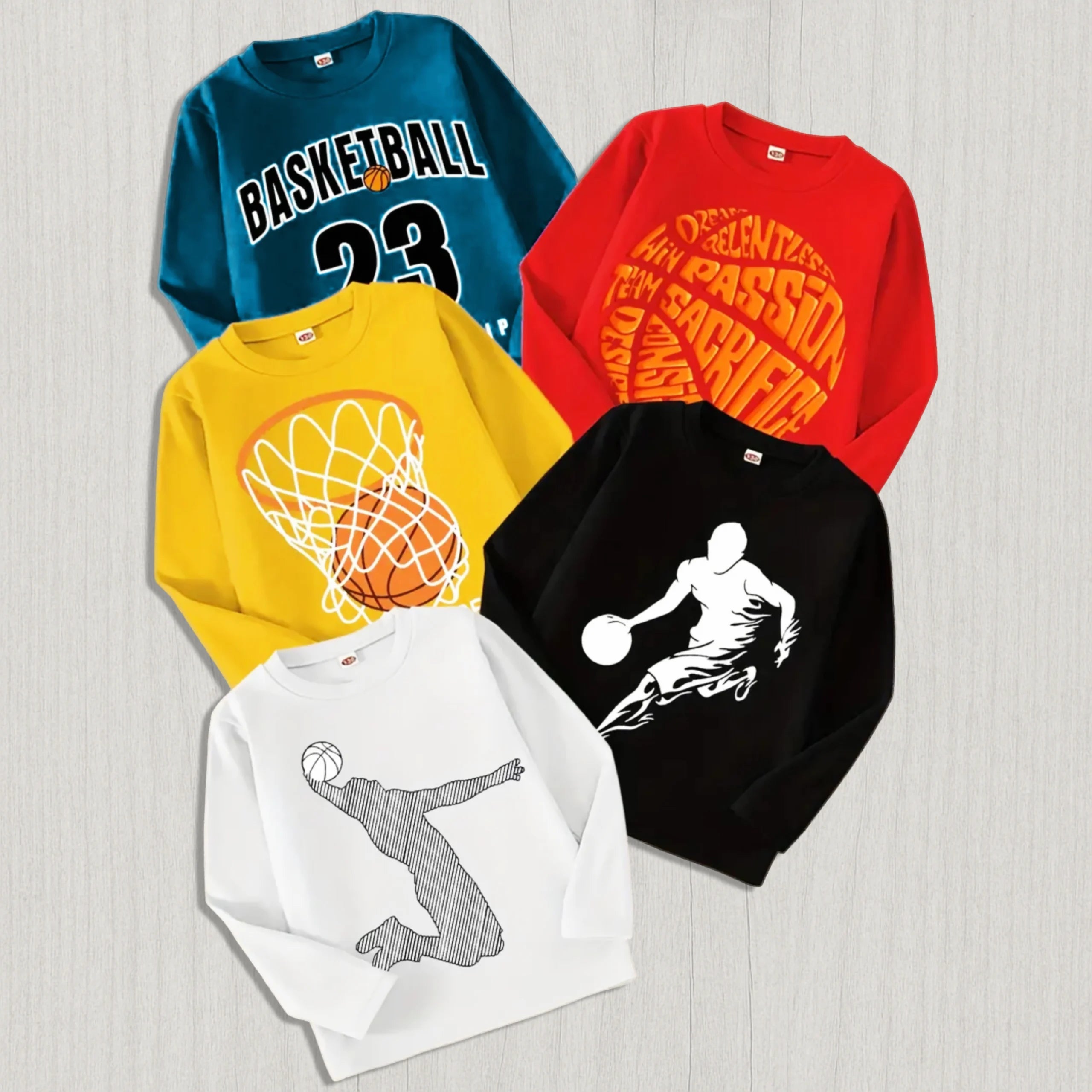 Pack of 5 Kids Basketball Sports Player Printed Long Sleeve T-Shirts