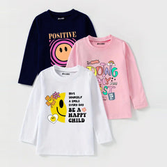 Pack of 3 Positive Smile Happy Child Printed Long Sleeve T-shirts for Girls