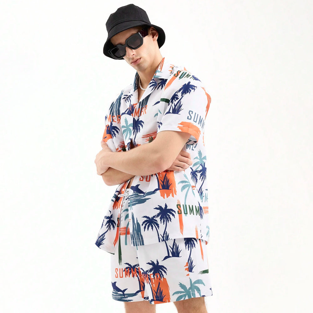 Men Beach Shark Palm Printed Summer Short Suit