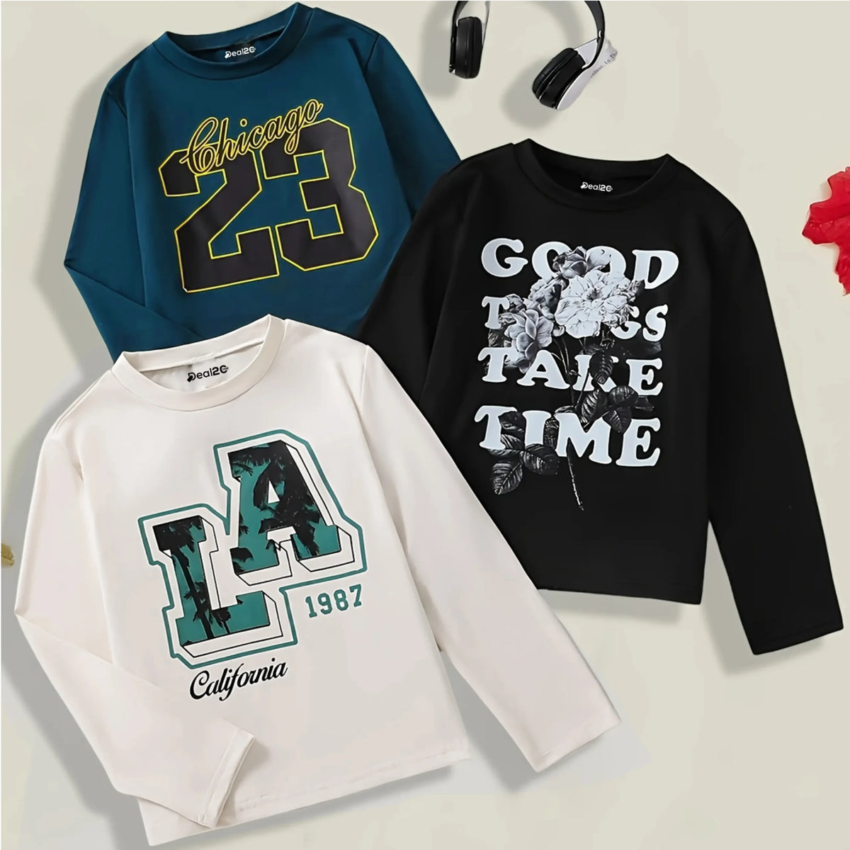 Pack of 3 Chicago Cali Time Printed Long Sleeve T-shirts For Tween Kids