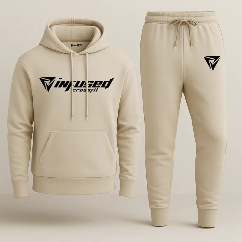 Beige Infused CrossFit Printed Hooded Tracksuit for Men