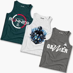 Pack of 3 Runner Bike Gamer Kids Printed Tank Tops