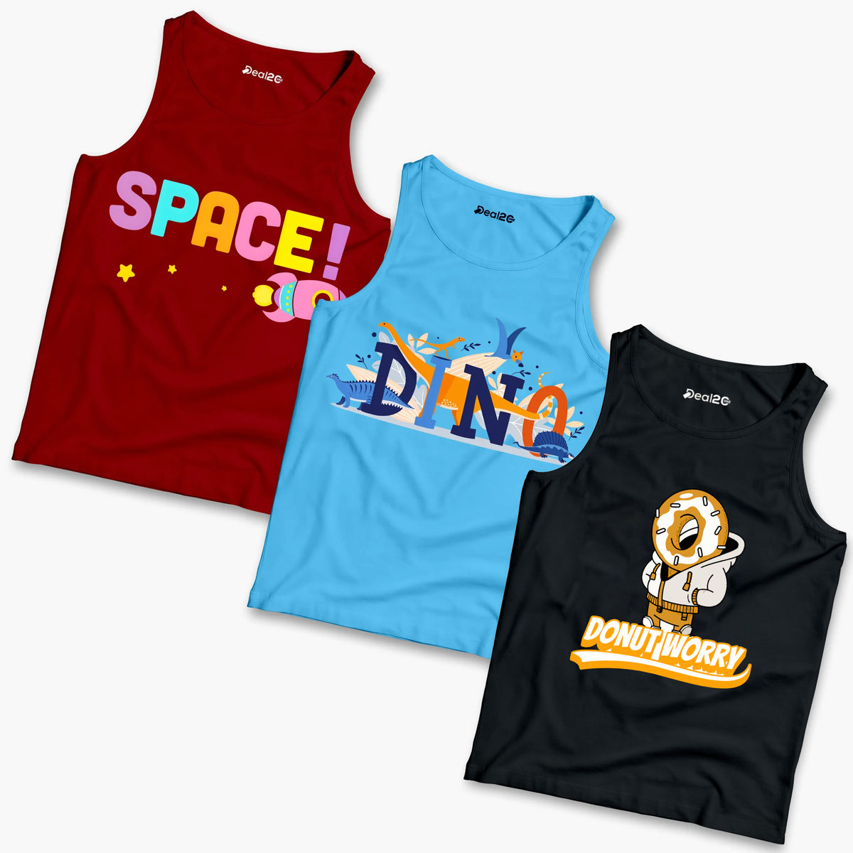 Pack of 3 Dino Space Donut Worry Kids Printed Tank Tops