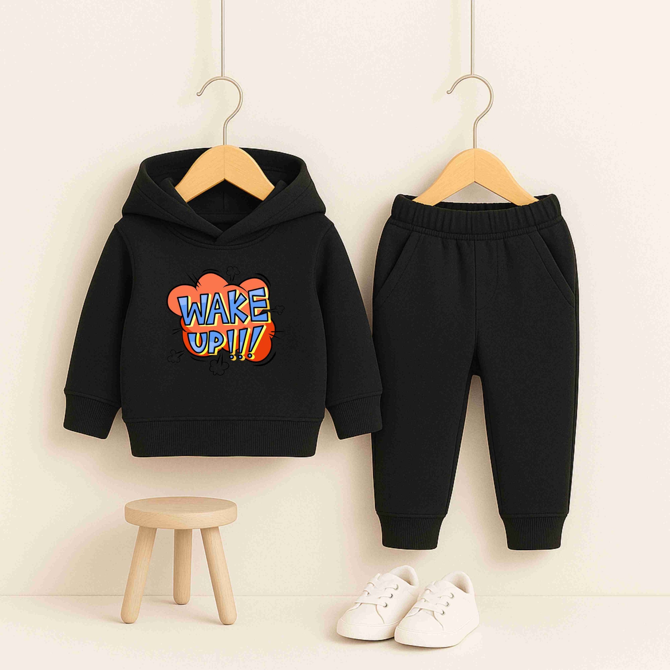 Wake Up Printed Black Hooded Tracksuit for Young Kids