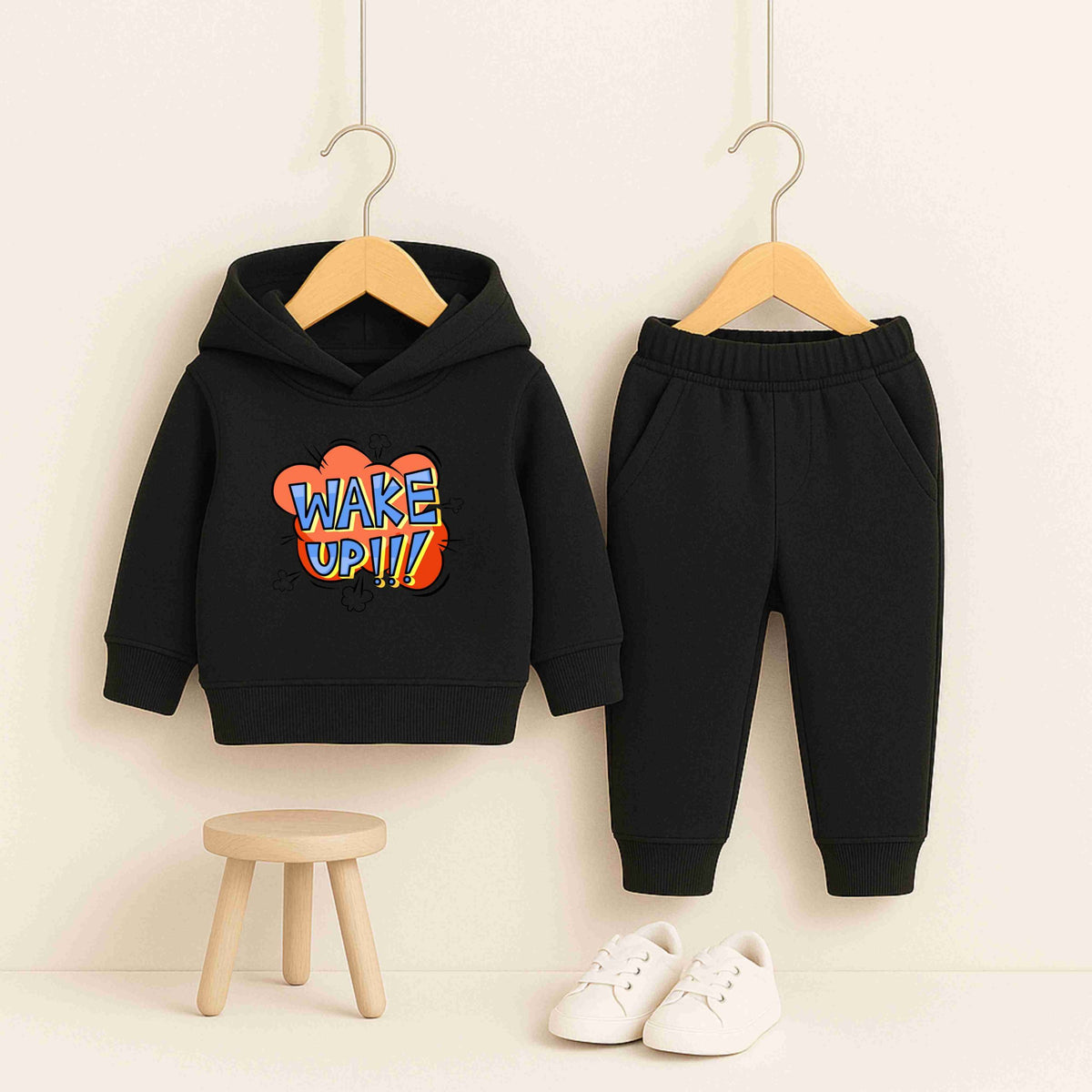 Wake Up Printed Black Hooded Tracksuit for Young Kids